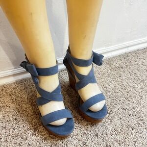 Wedge Sandals Blue Faux Suede Ankle Strap Bow Platform Heels Women's Shoes